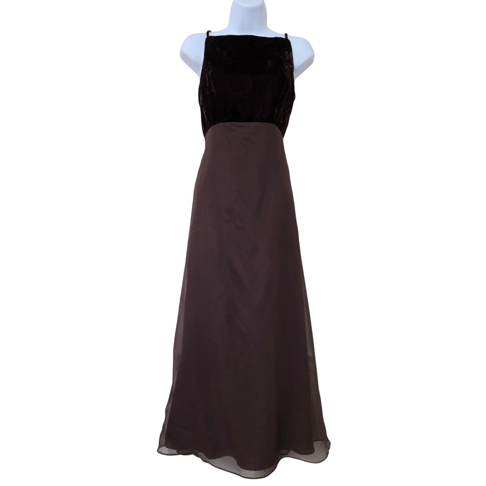 VTG‎ 90s Crushed Velvet Sheer Chiffon Gown 6 Brown Square Neck Whimsigoth Dress